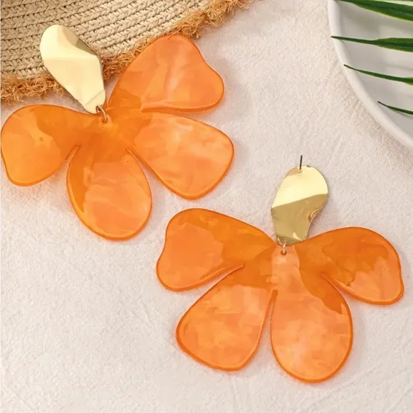Orange Statement Acrylic Flower Earrings - Picture 2 of 3